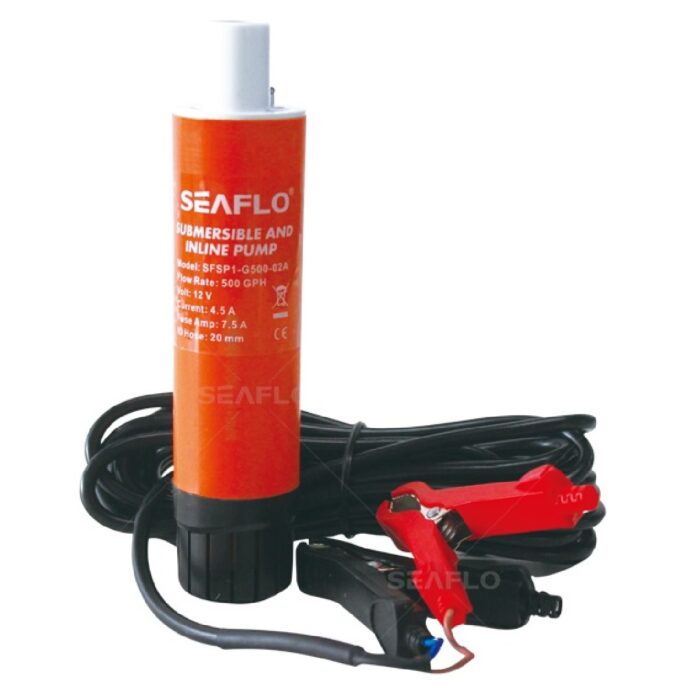BOMBA SUBMERSIVEL/LINEAR PARA ÁGUA E OLEO DIESEL 500GPH 12V CABO 5M