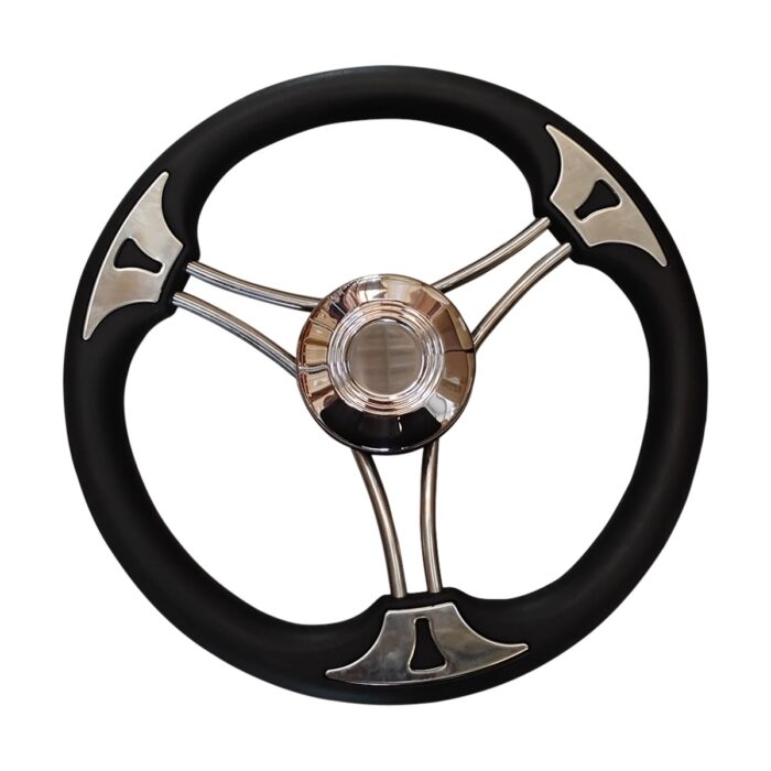 VOLANTE 343MM INOX S316 3 BARRAS COM ACABAMENTO EM BORRACHA PRETA